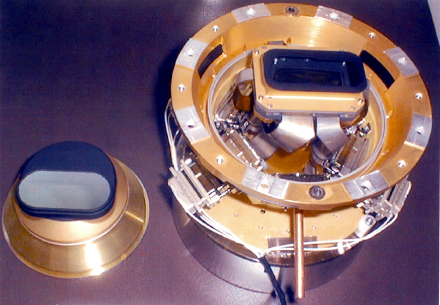 image of AIRS dewar, showing dewar window and complete Focal Plane Assembly (FPA)