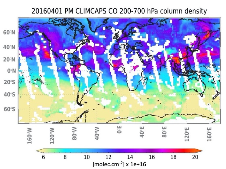 Figure 2: Global map of CLIMCAPS-SNPP retrieved CO tropospheric column density.