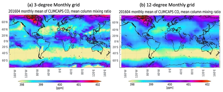 Plots of CLIMCAPS carbon monoxide mean column mixing ratio, 3-degree and 12-degree monthly grid