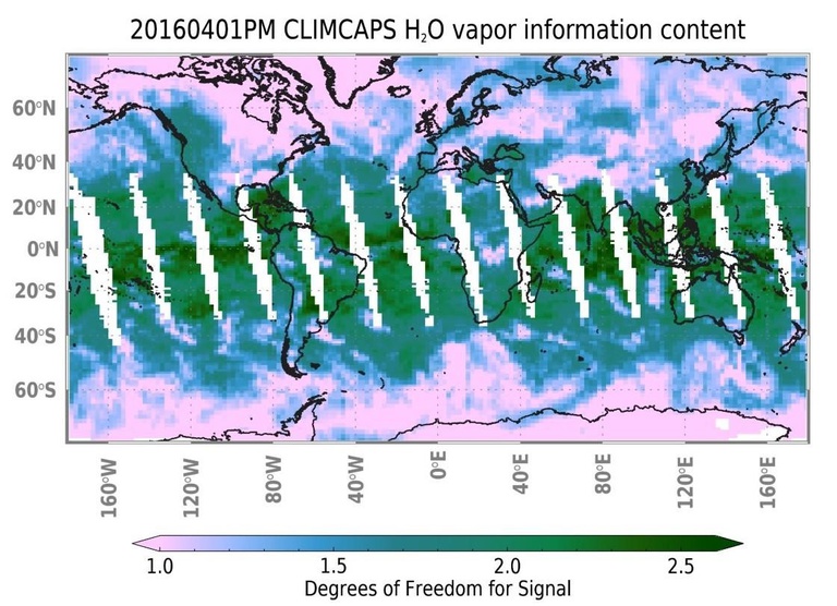 Figure 1: CLIMCAPS-SNPP degrees of freedom (DOF) for H2O vapor at every retrieval scene from ascending orbits (01:30 PM local overpass time) on 1 April 2016.