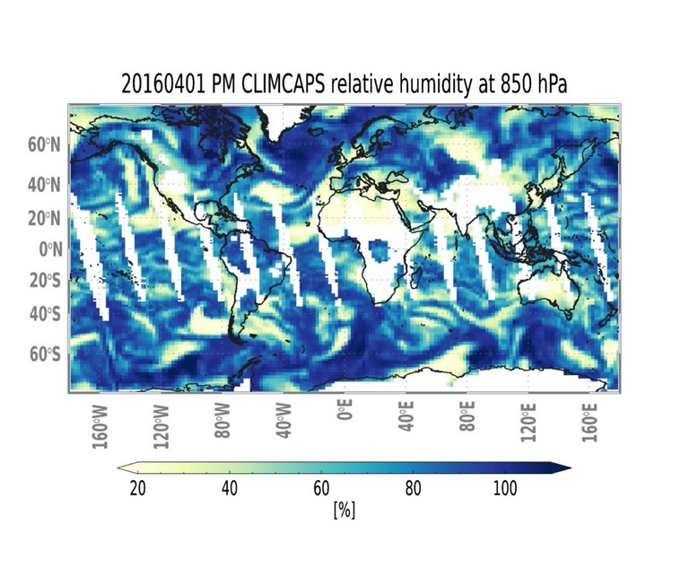 Figure 2b: Global maps of CLIMCAPS-SNPP H2O vapor fields in the lower troposphere around 850 hPa for relative humidity [%].