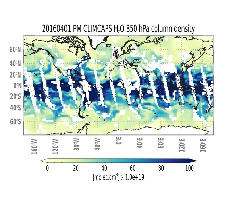 Figure 2a: Global maps of CLIMCAPS-SNPP H2O vapor fields in the lower troposphere around 850 hPa for H2O vapor column density [molec/cm2].