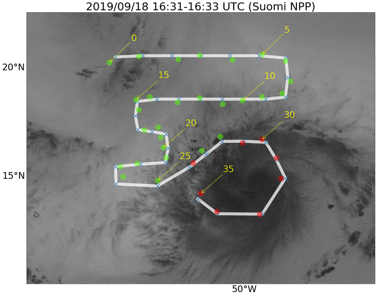 Figure 7a: The flight path over Hurricane Jerry of a research flight on September 18, 2019.