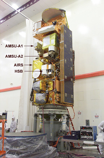 Image of EOS Aqua during final integration and test. The locations of AIRS, AMSU-A1, AMSU-A2, and HSB are marked.