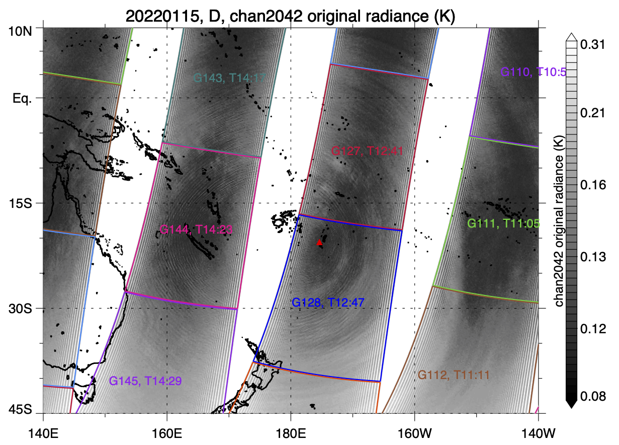 Waves from Tonga 2022 eruption in AIRS L1 radiances.