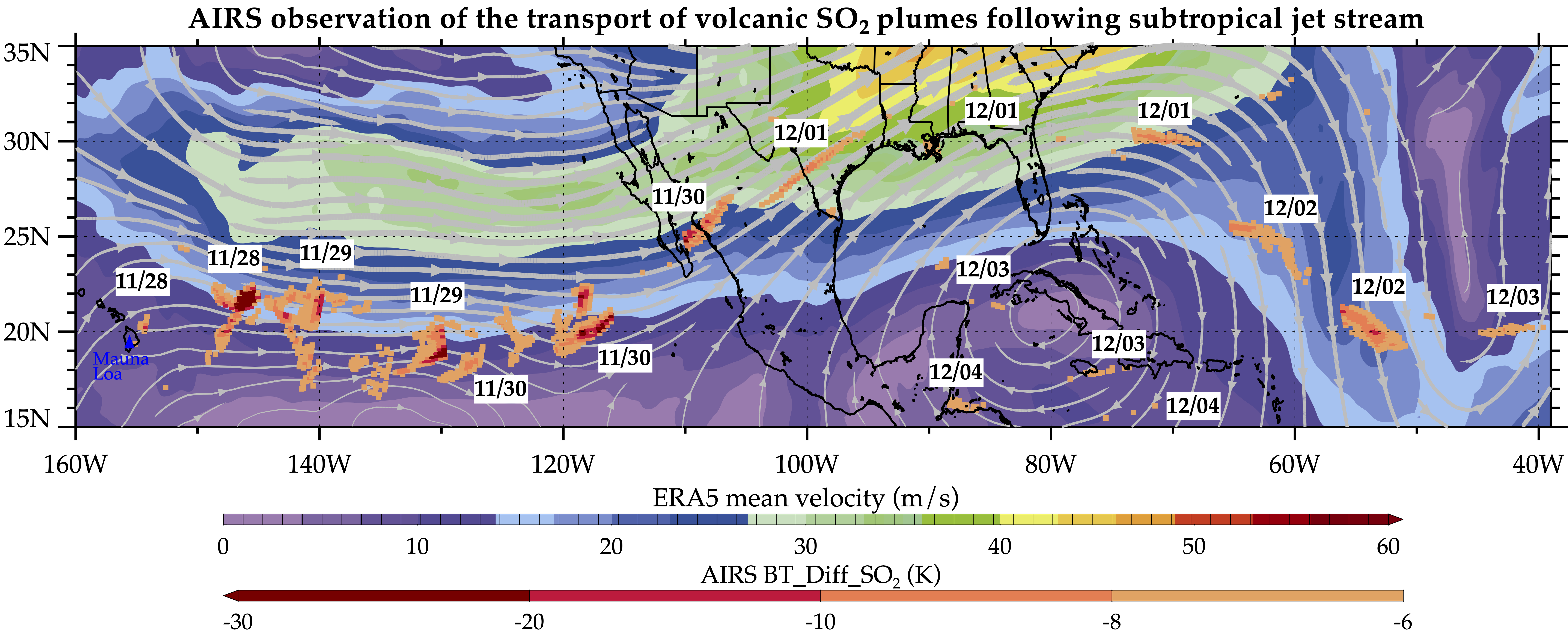 AIRS observations composite of SO2 from Mauna Loa volcanic eruption