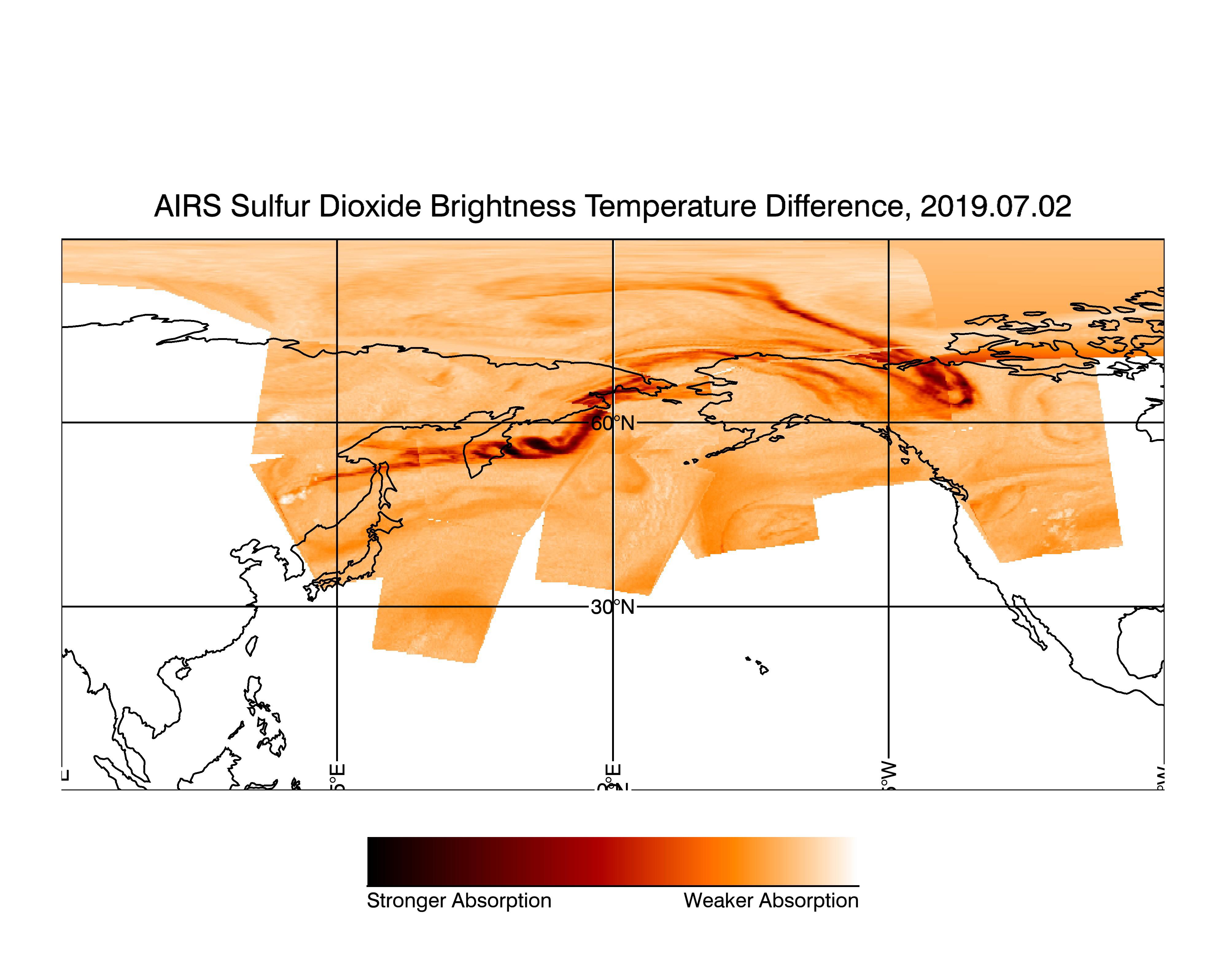 Image of sulfur dioxide detected through AIRS brightness temperature differences several days after Raikoke volcanic eruption in 2019