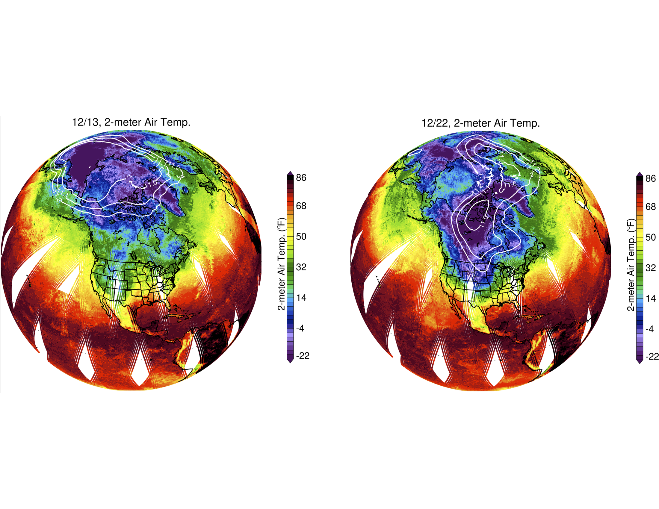 slide 5 - surface air temperature maps with geopotential height contours overlaid over North America and the Arctic during December 13th and 22nd, 2022, showing the breaking polar vortex and extremely cold air plunging into the US.