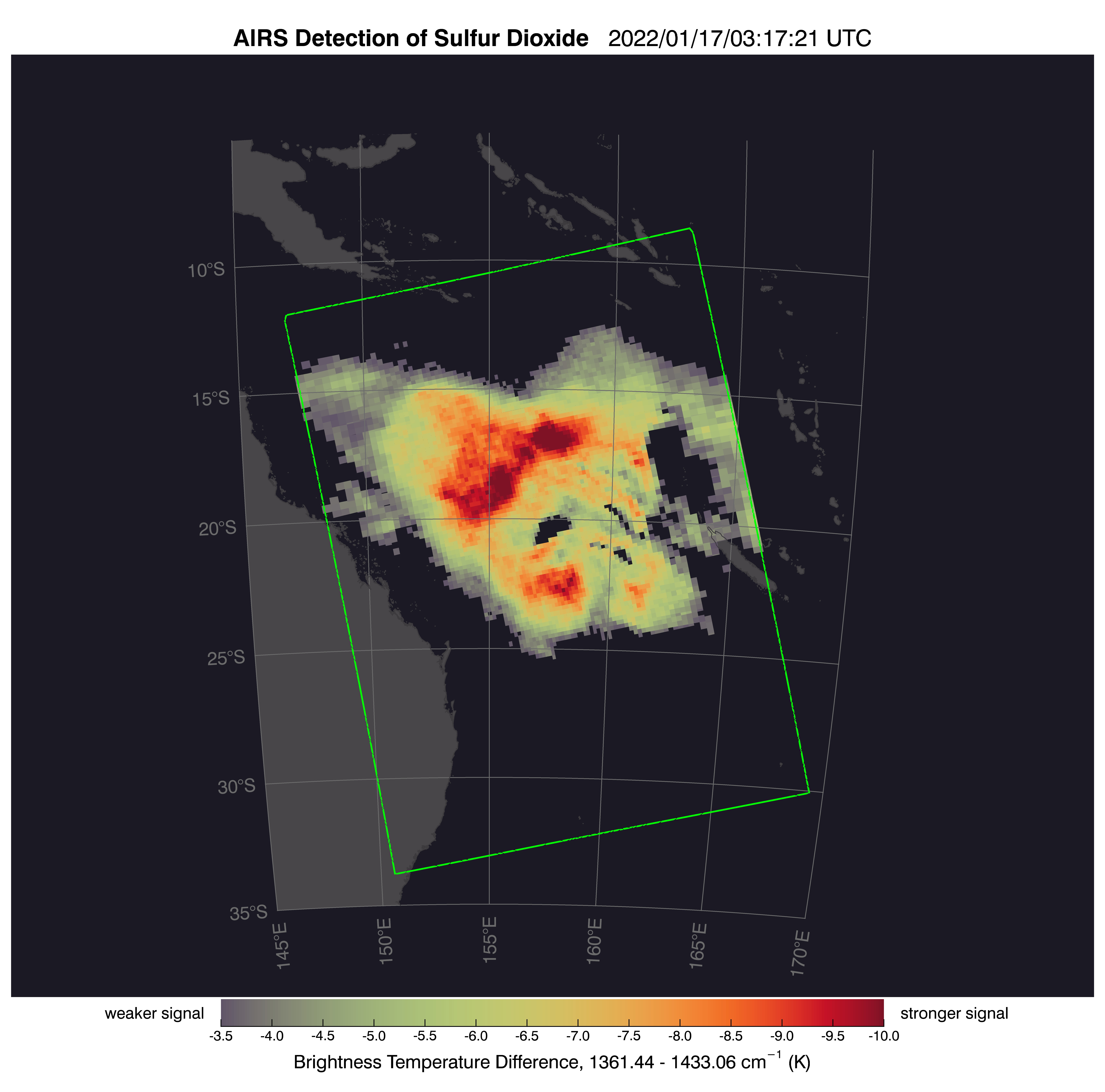 This image shows a detection of sulfur dioxide in AIRS data taken about two days after the Tonga volcano eruptions in January 2022. 