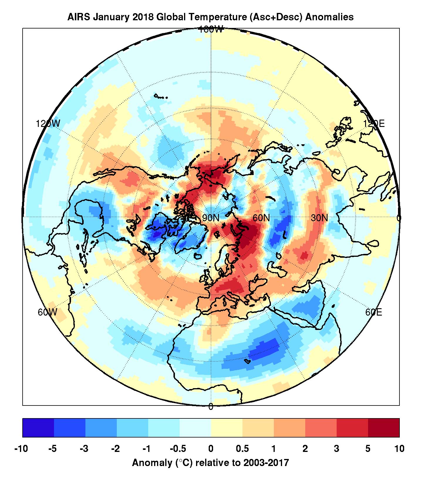 Air Temperature Anomaly, January 2018, Polar View