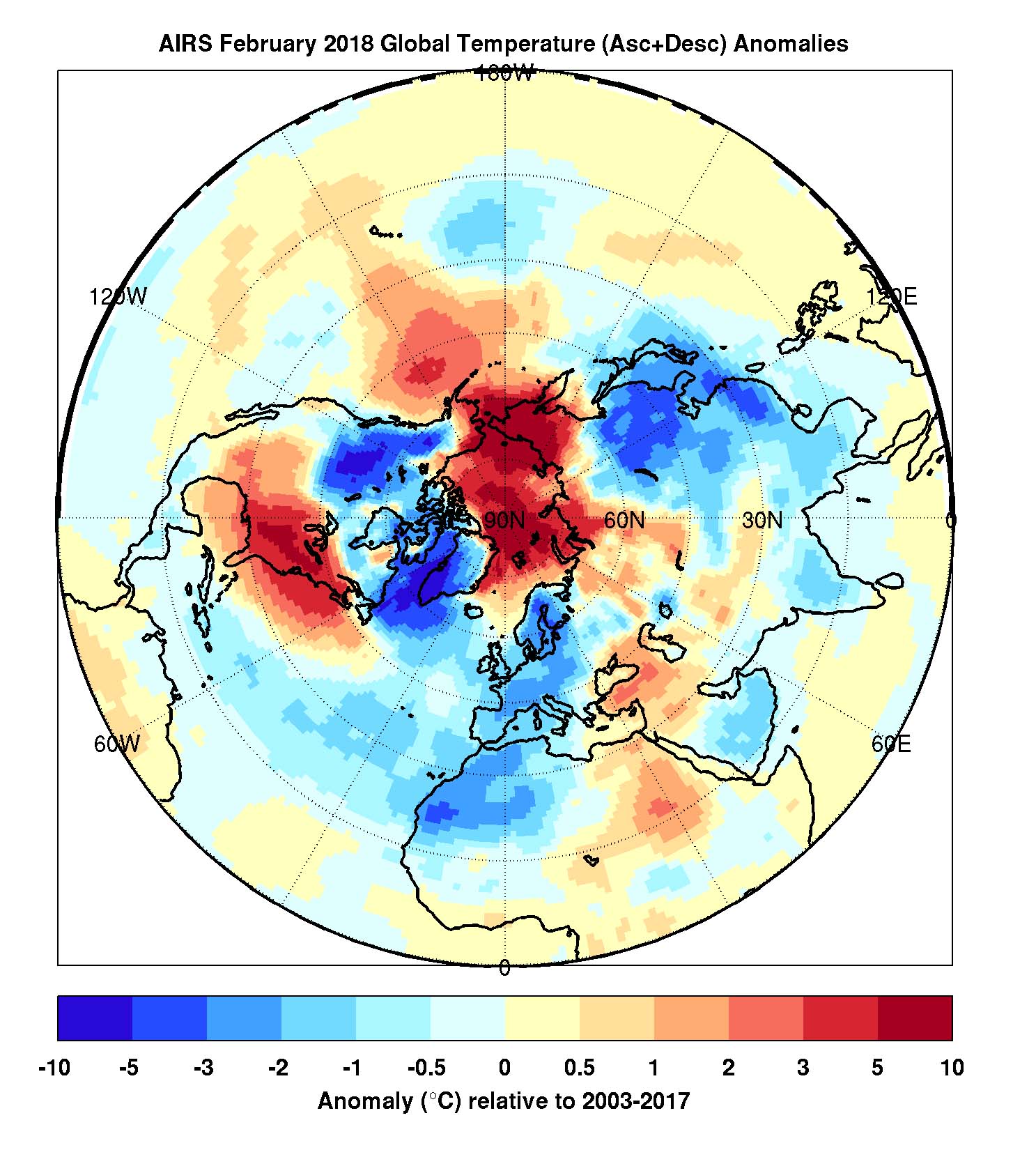 Air Temperature Anomaly, February 2018, Polar View