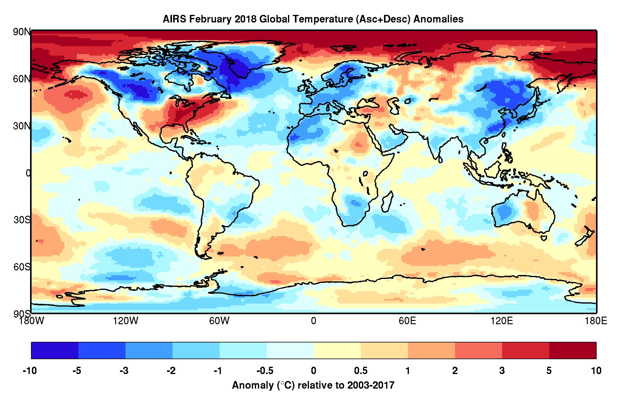 Air Temperature Anomaly, February 2018, Geographic View