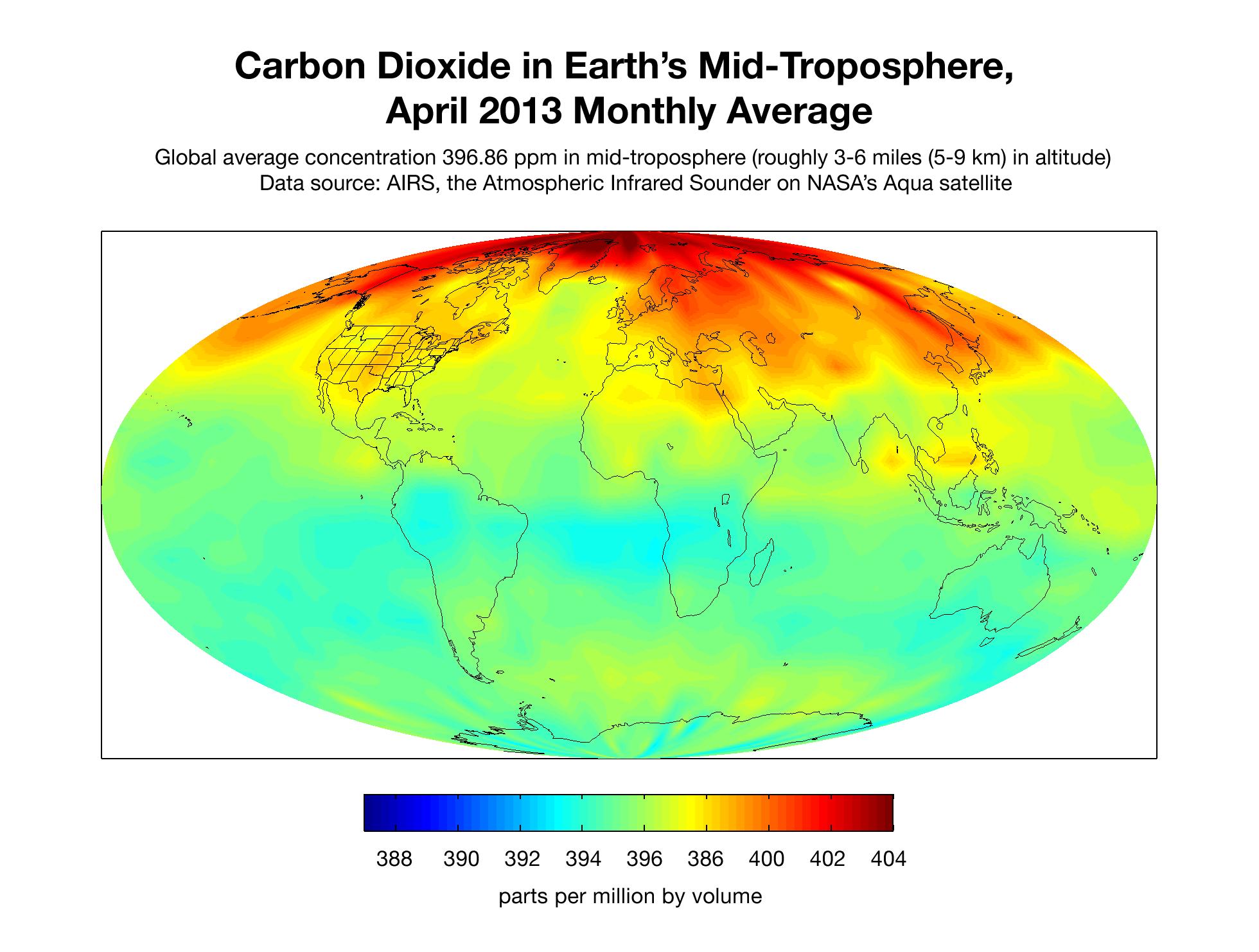 Carbon Dioxide in Earth's Mid-Troposphere, April 2013 Monthly Average