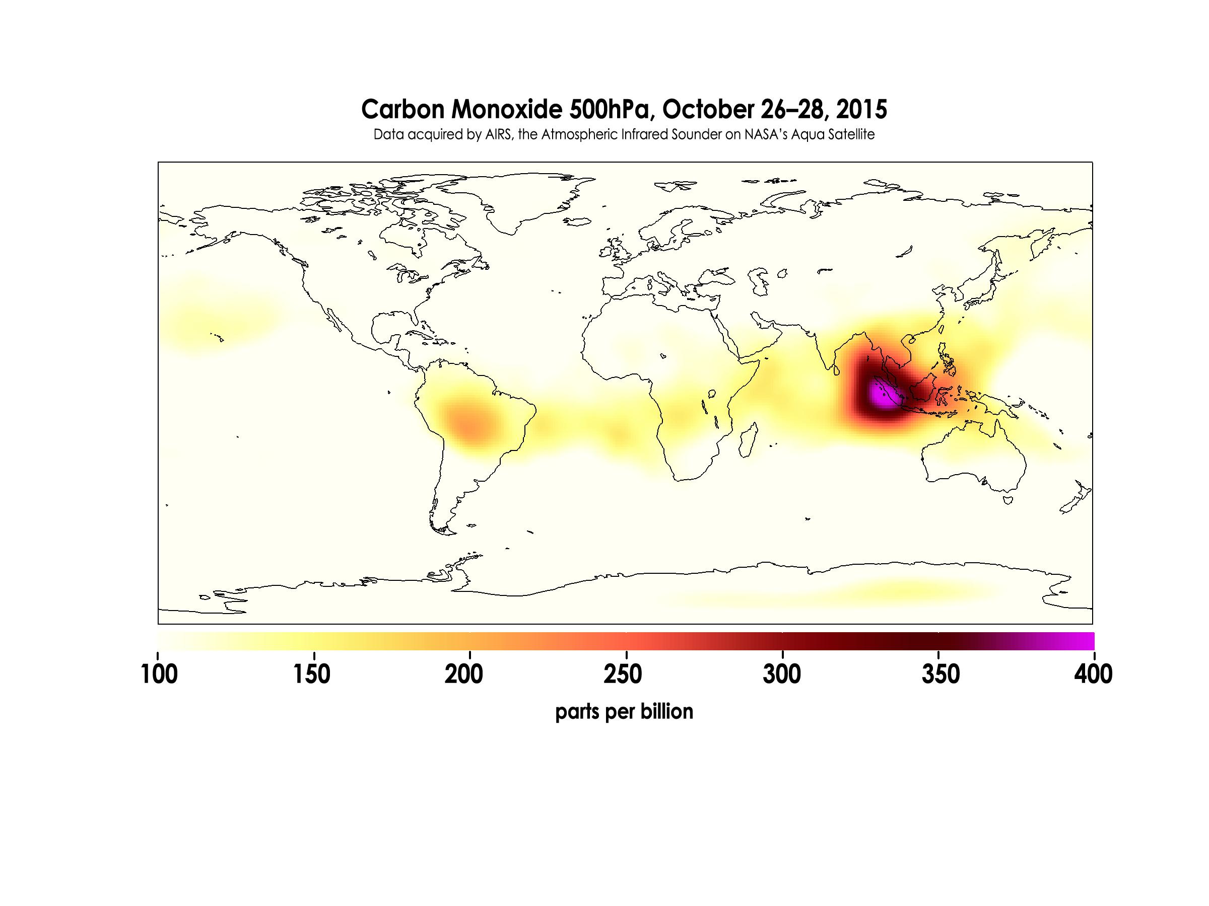 Carbon Monoxide in Mid-Troposphere over Indonesia Fires, October 26-28, 2015