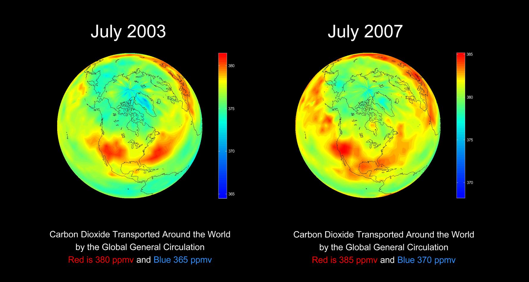 Mid-Tropospheric Carbon Dioxide at 8-13 km Altitudes, July 2003 and July 2007