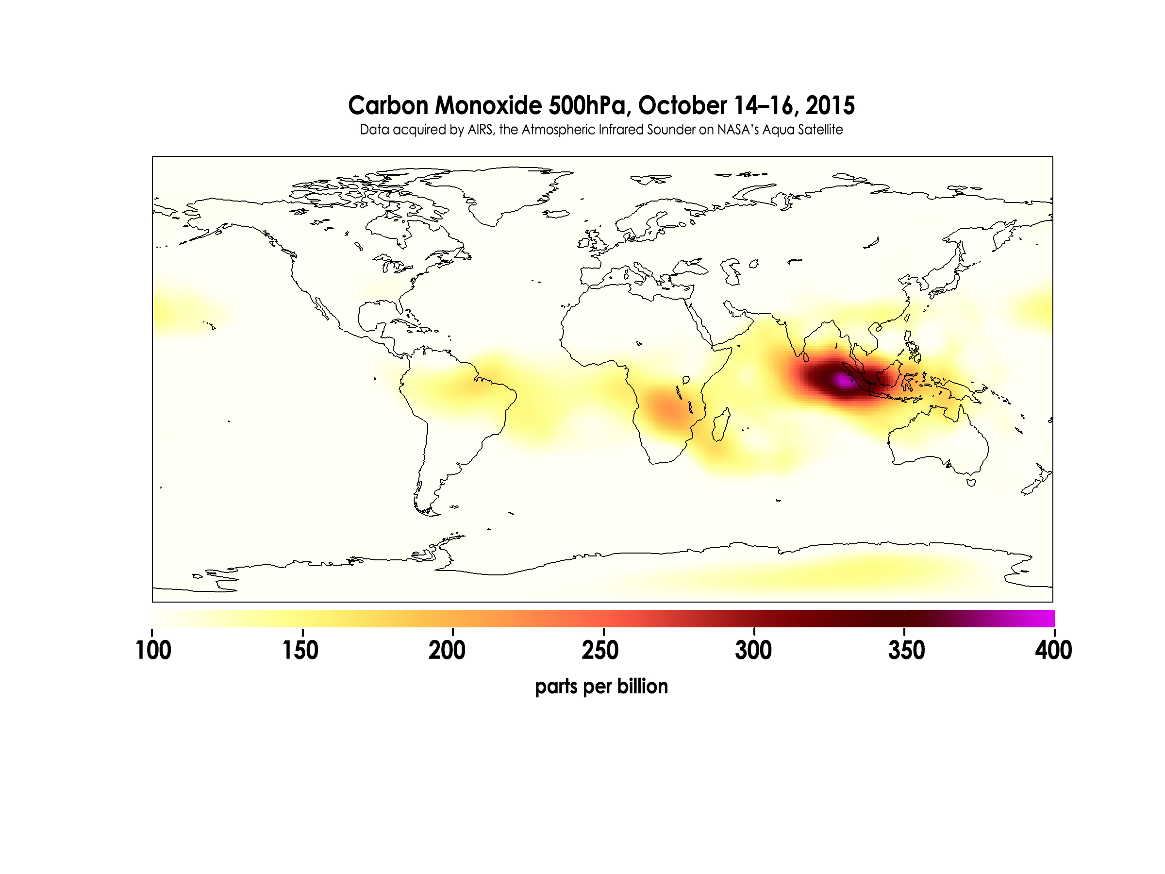 Carbon Monoxide in Mid-Troposphere over Indonesia Fires, October 14-16, 2015